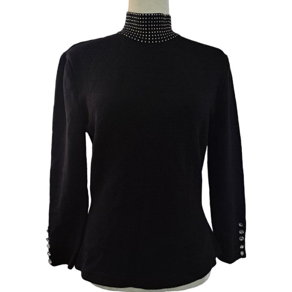 Don Sayres For Wellmore Women's Black Knit Long Sleeve Bejeweled Top Blouse Sz 8